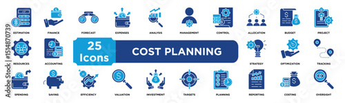 Cost Planning icon collection set. Containing budget,finance,forecast,expenses,analysis,management,control,allocation,estimation,project icon. Solid vector icons collection vector.