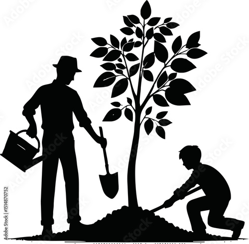 Silhouette of eco-friendly cartoon character planting a tree vector isolated on white background