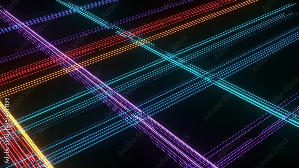 Colorful neon lines intersecting on a dark background  