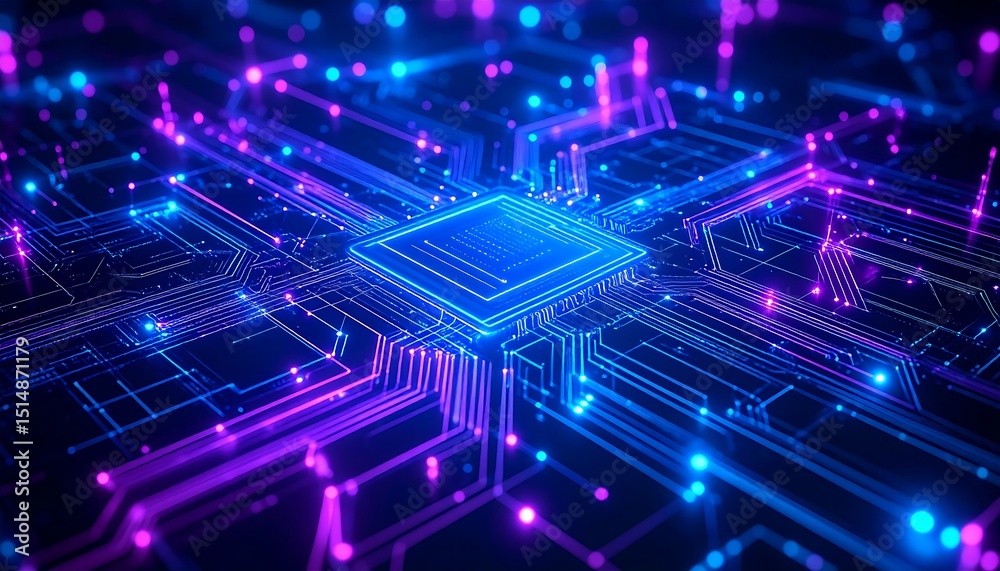 Fototapeta premium Futuristic CPU Chip Neon glowing processor technology with digital circuit board, and 3D render.