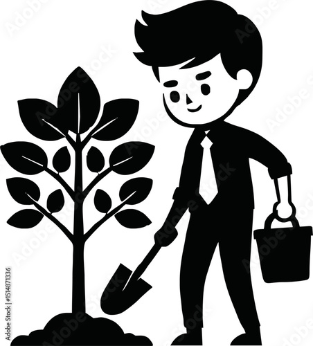Silhouette of eco-friendly cartoon character planting a tree vector isolated on white background