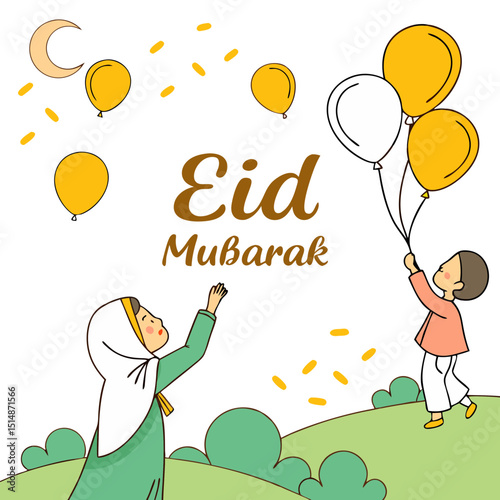 Festive Eid Mubarak background with colorful balloons and golden confetti for celebrations and greetings.