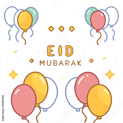 Festive Eid Mubarak background with colorful balloons and golden confetti for celebrations and greetings.