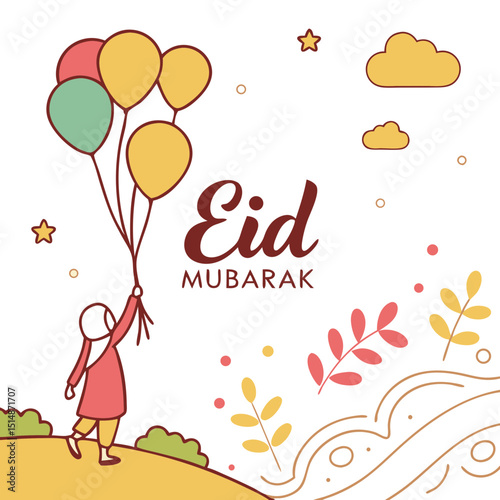 Festive Eid Mubarak background with colorful balloons and golden confetti for celebrations and greetings.