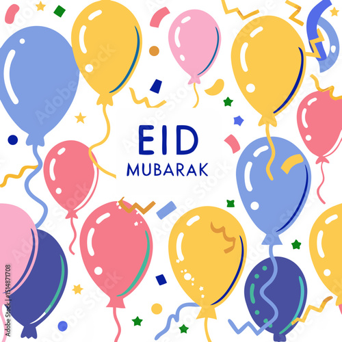 Festive Eid Mubarak background with colorful balloons and golden confetti for celebrations and greetings.