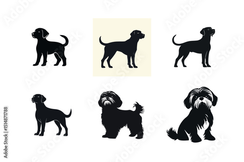 Six dog silhouettes labrador retriever and shih tzu breeds