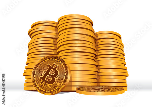 A large stack of Bitcoin coins with a prominent coin in the foreground emphasizing the value and significance of cryptocurrency in modern finance.