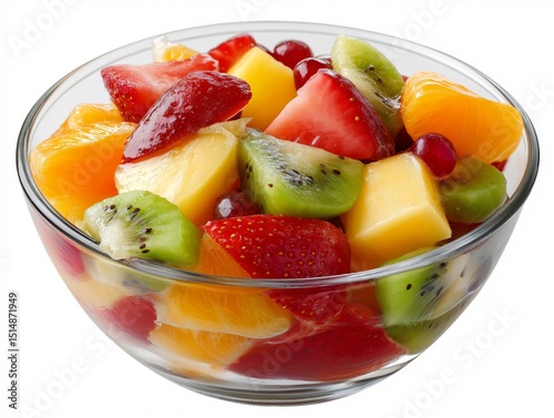 Fresh fruit salad featuring a colorful assortment of strawberries, kiwis, oranges, and melons in a clear bowl on a white background
