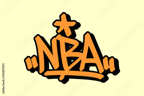 Graffiti tag “NBA” in orange lettering with black outline on yellow background. Energetic urban vibe, perfect for basketball themes, street art projects, and hip hop inspired designs.
