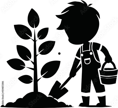 Silhouette of eco-friendly cartoon character planting a tree vector isolated on white background
