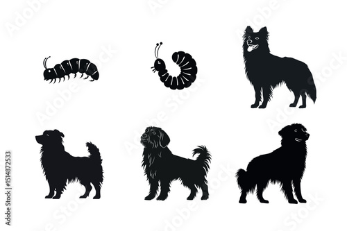 Silhouette collection of dogs and caterpillars