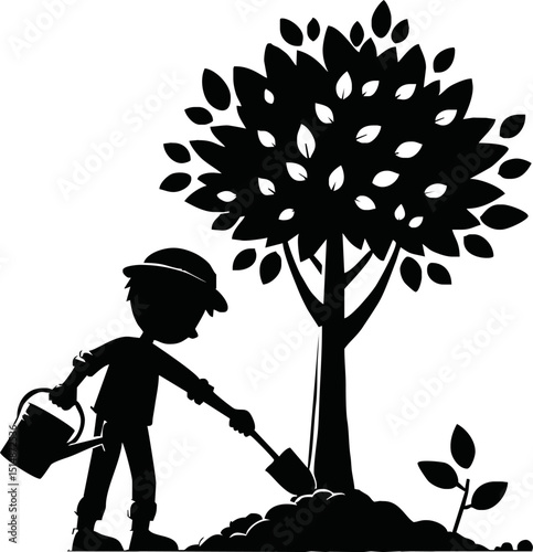 Silhouette of eco-friendly cartoon character planting a tree vector isolated on white background