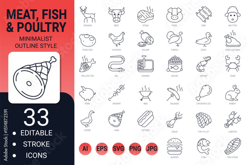Meat, poultry, seafood and eggs – editable thin line icon set for food and cooking