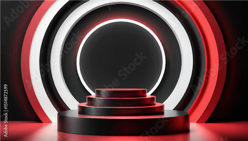 realistic 3d background with cylinder podium. Black, red, white glowing light semi circles layers scene. Abstract minimal scene mockup products display, Stage showcase. Vector geometric forms.