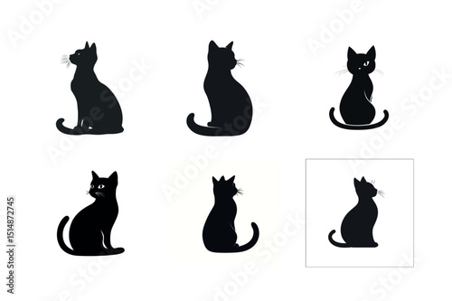 Six black cat silhouettes sitting in different poses