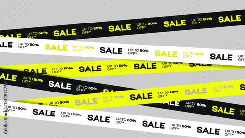 Modern Yellow ribbons for Big Sale. Template with crossing realistic tapes for Black Friday, discount. Stripes with border for sale. Sale tapes for discount and offer with 50% off tags.
