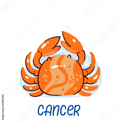Cancer zodiac sign portrayed as lively cartoon crab with bright colors and cheerful design. Astrological themes, kids designs, or playful vector illustration of sea animals.