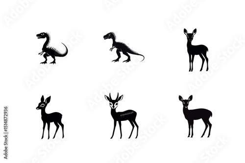 Silhouette illustrations of dinosaurs and deer