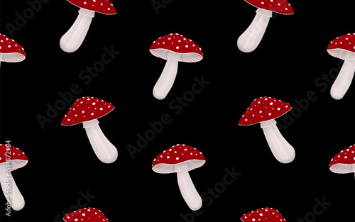 Seamless pattern red fly agaric mushrooms on a black background, perfect for backgrounds, textiles, paper. Seamless pattern. Vector illustration.