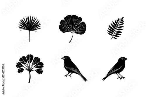 Black silhouettes of birds and tropical leaves