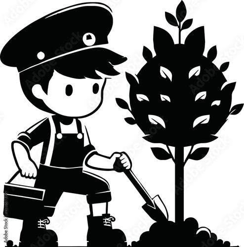 Silhouette of eco-friendly cartoon character planting a tree vector isolated on white background