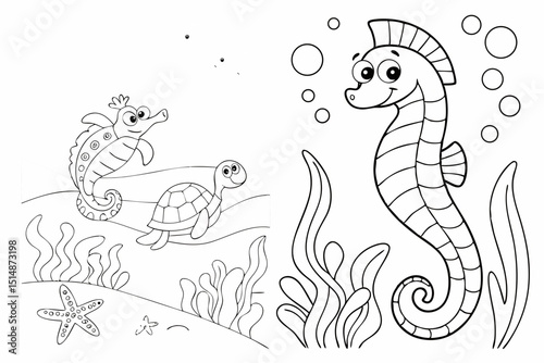 kids coloring page, sea creatures, cartoonish, friendly, thick outlines, no color