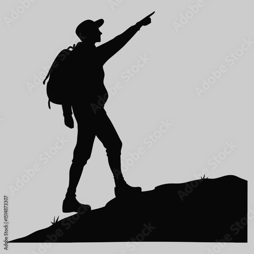 a hiker pointing into the distance silhouette vector design art and illustration
