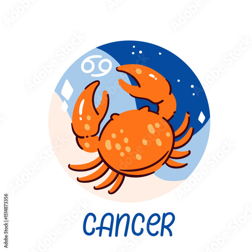 Crab symbol representing Cancer. Vector zodiac sign emblem of orange color cancer and bg filled with starry sky, theme of astrology and horoscope