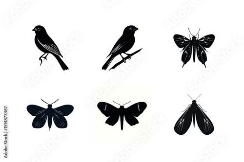 Silhouette collection of birds and butterflies