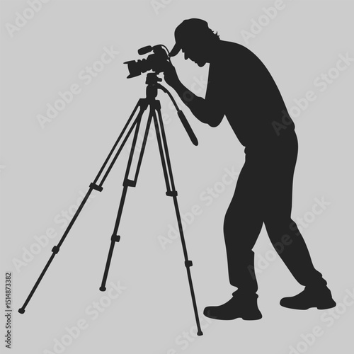 a person adjusting a camera tripod silhouette vector design art and illustration