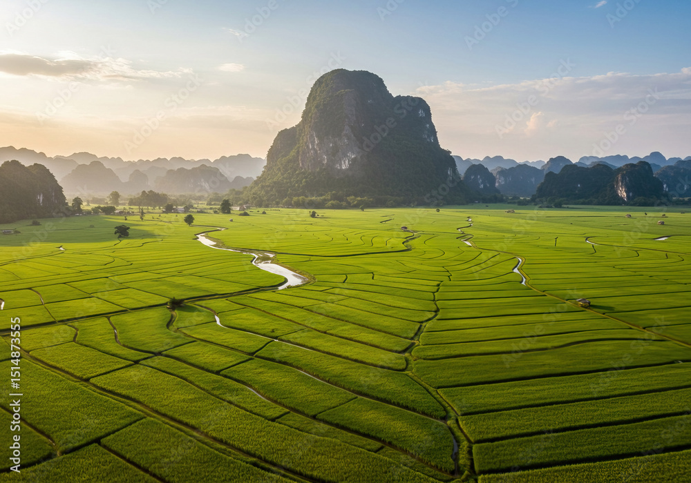 Obraz premium Fictional Asian style water paddy field with karst mountain.