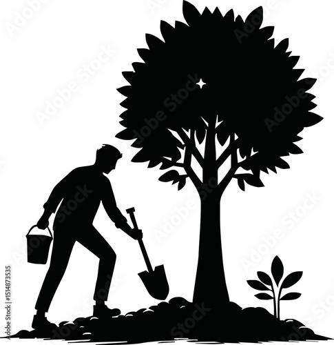 Silhouette of eco-friendly cartoon character planting a tree vector isolated on white background