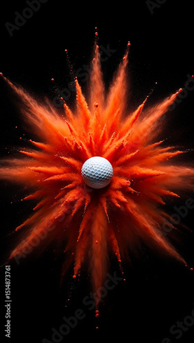 Dynamic explosion of orange powder surrounding a golf ball on a dramatic black background
