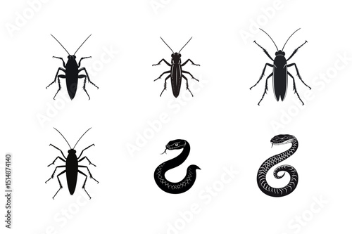 Black silhouettes of cockroaches and snakes