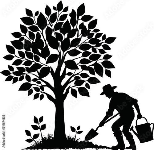 Silhouette of eco-friendly cartoon character planting a tree vector isolated on white background