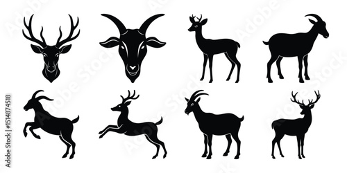 Silhouette vector set of deer giraffe and other got animals in black illustration style with white backgrounds 