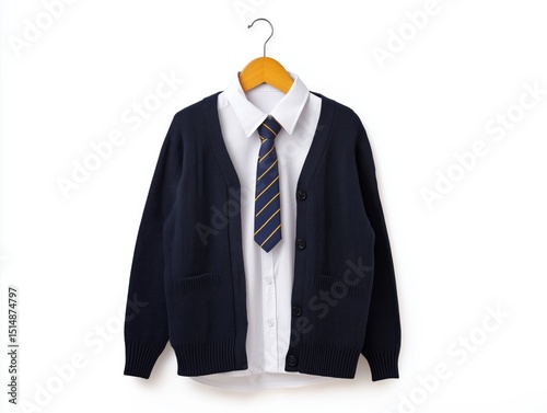 Presentation of a classic school uniform with a navy cardigan, crisp white shirt, and striped tie displayed on a hanger against a clean white background for a neat and organized look