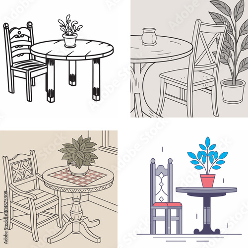 Collection of hand drawn illustrations depicting various chairs round tables and decorative potted plants in different styles