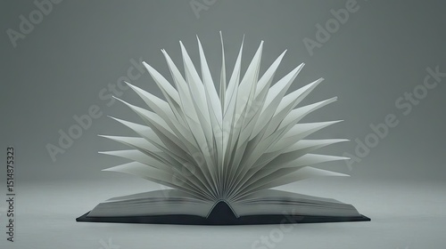 An open book with fanned pages against a neutral backdrop.