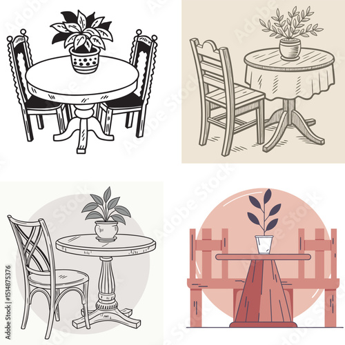 Elegant collection of hand drawn illustrations featuring cafe tables chairs and plants for design and decoration