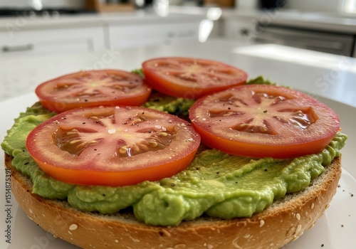 Fresh and Healthy Open-Faced Avocado Toast Topped with Sliced Ripe Tomatoes on a Kitchen Counter Setting