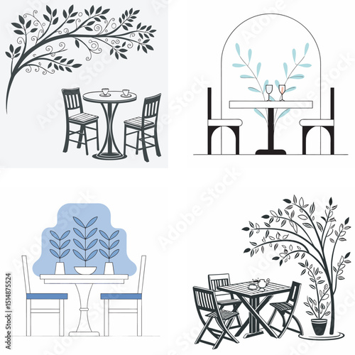 Minimalist outdoor cafe scene illustrations featuring table and chairs designs with decorative foliage elements for digital projects