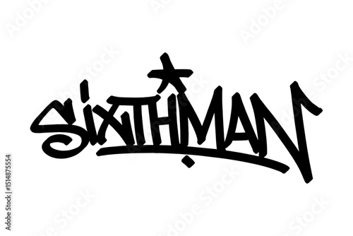 Graffiti tag “Sixthman” in bold black lettering on transparent background. Represents the essential role of the sixth man in basketball, perfect for urban street art and team spirit designs.