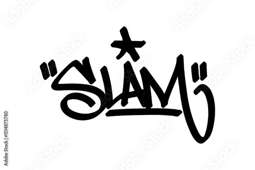 Graffiti tag “Slam” in bold black lettering on transparent background. Captures the energy of powerful dunks in street basketball culture, ideal for urban and hip hop designs.