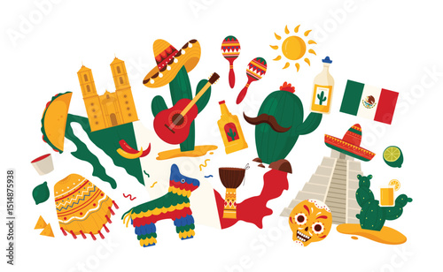 Culture elements of Mexico, infographic collage. Mexican festival and travel symbols, traditional food and tequila, cactus and ancient Aztec pyramid, hot sun of fiesta cartoon vector illustration