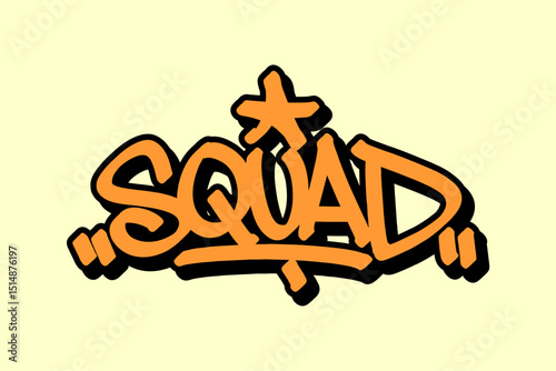 Graffiti tag “Squad” in orange lettering with black outline on yellow background. Symbolizes unity and teamwork in street basketball, ideal for energetic urban and hip hop visuals.