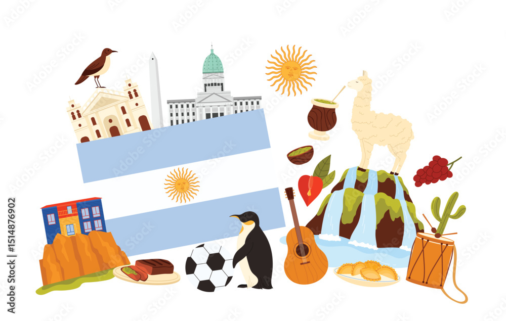 Fototapeta premium Travel to Argentina, traditional Argentinian culture elements and famous food, animals and architecture in infographic collage. Empanada and bandoneon, guitar and penguin cartoon vector illustration