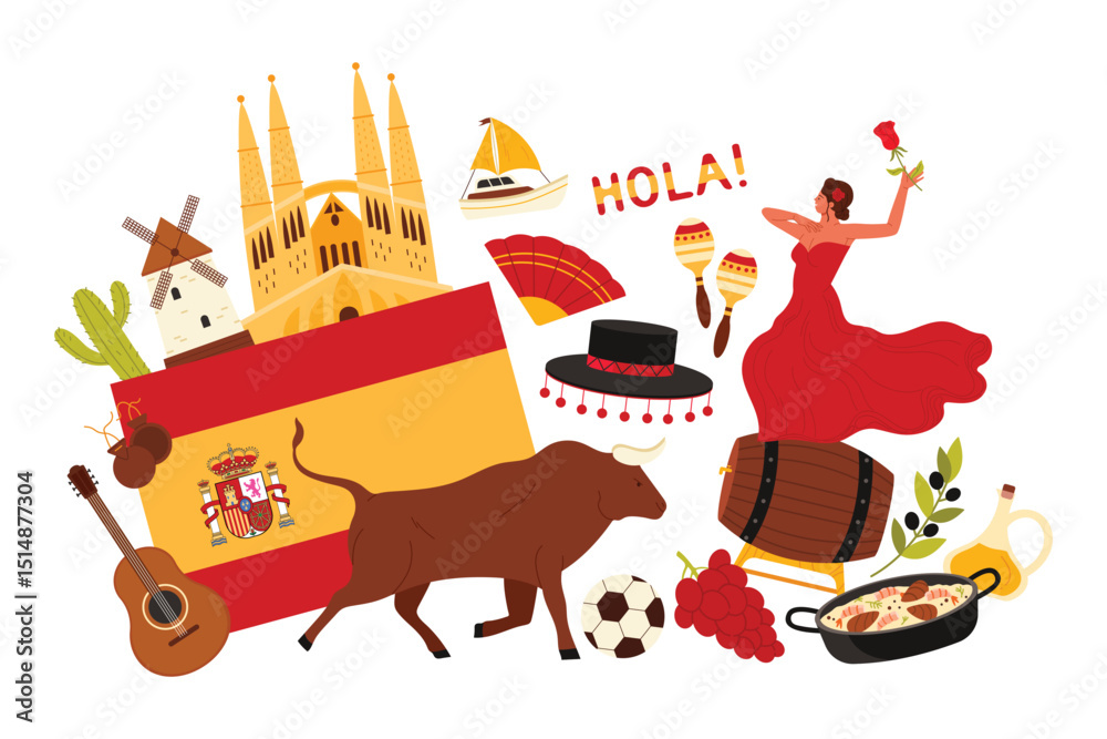 Obraz premium Travel to Spain, Spanish culture elements and landmarks, flamenco dance of girl and food in infographic collage. Flag of Spain and Sagrada Familia, barrel of wine and bull cartoon vector illustration