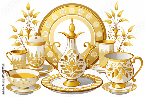 vector of Stylish tableware set with gold decorations on a white background
