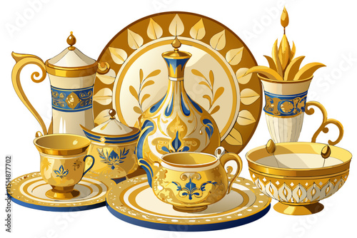 vector of Stylish tableware set with gold decorations on a white background